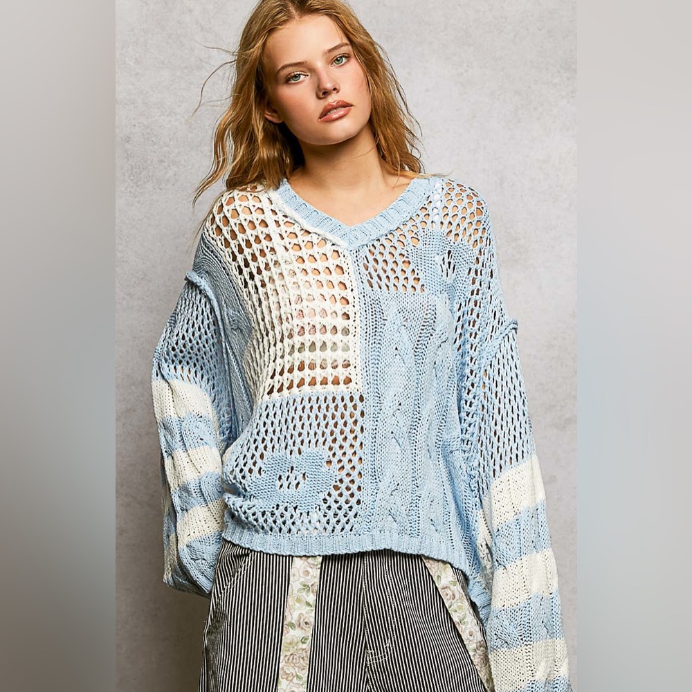 POL Color-Blocked Stripe Pattern Knit Top with Twisted Weave